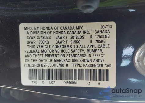 2013 Honda Civic Lx from USA, damaged, VIN 2HGFB2F55DH578018